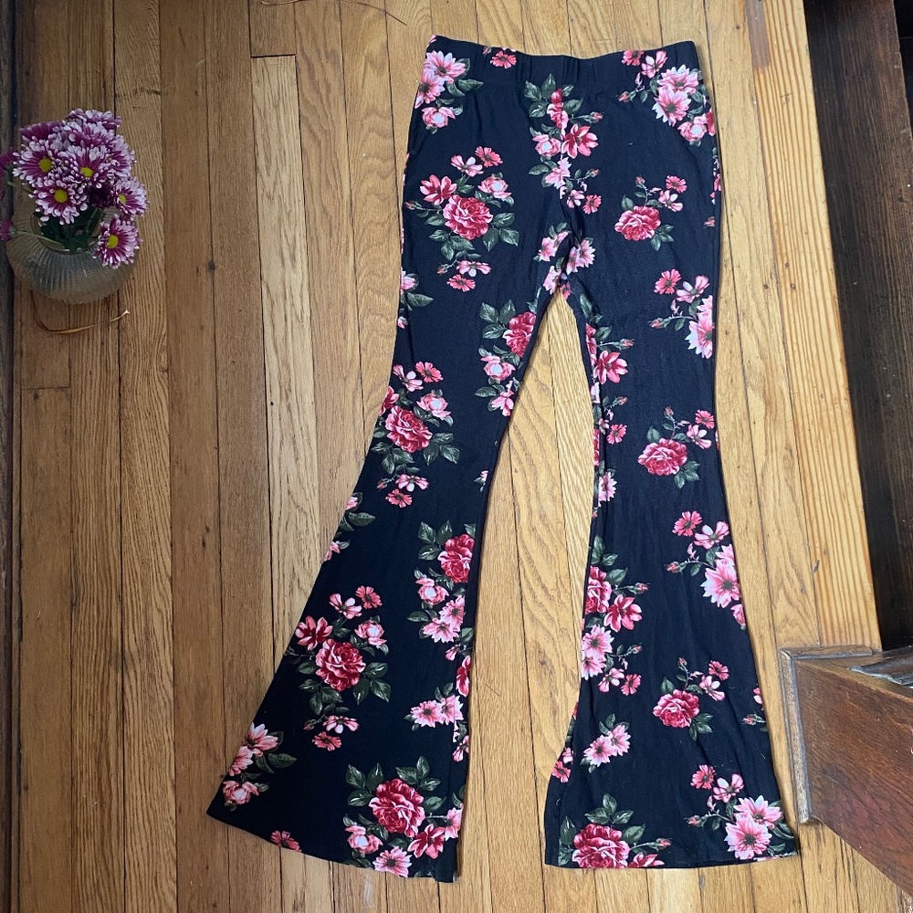 Cozy flare floral lounge pants with roses